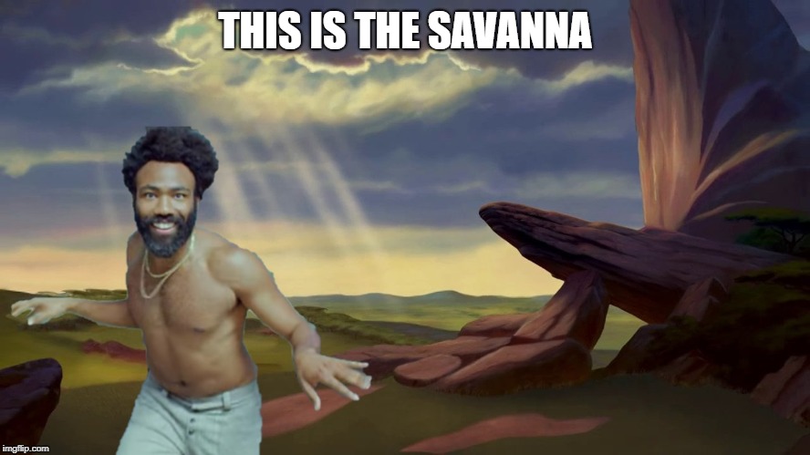 This is the savanna | THIS IS THE SAVANNA | image tagged in donald glover,this is america,the lion king,simba,savanna,childish gambino | made w/ Imgflip meme maker