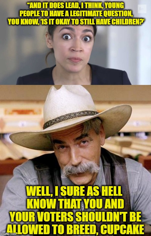 “AND IT DOES LEAD, I THINK, YOUNG PEOPLE TO HAVE A LEGITIMATE QUESTION, YOU KNOW, ‘IS IT OKAY TO STILL HAVE CHILDREN?‘; WELL, I SURE AS HELL KNOW THAT YOU AND YOUR VOTERS SHOULDN'T BE ALLOWED TO BREED, CUPCAKE | image tagged in crazy alexandria ocasio-cortez,alexandria ocasio-cortez,libtards,libtard,special kind of stupid | made w/ Imgflip meme maker