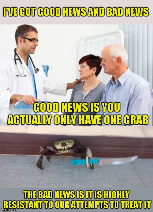 Hmmmm, crab cakes | I'VE GOT GOOD NEWS AND BAD NEWS; GOOD NEWS IS YOU ACTUALLY ONLY HAVE ONE CRAB; THE BAD NEWS IS IT IS HIGHLY RESISTANT TO OUR ATTEMPTS TO TREAT IT | image tagged in how people view doctors,crabs,joke,humor | made w/ Imgflip meme maker