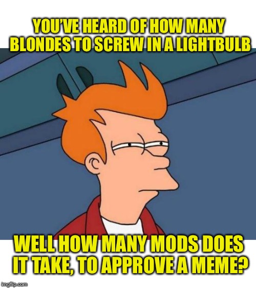 When your meme has over 50 views and remains unfeatured :,) | YOU’VE HEARD OF HOW MANY BLONDES TO SCREW IN A LIGHTBULB; WELL HOW MANY MODS DOES IT TAKE, TO APPROVE A MEME? | image tagged in memes,futurama fry | made w/ Imgflip meme maker