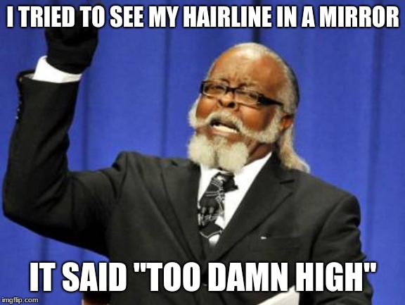 Too Damn High | I TRIED TO SEE MY HAIRLINE IN A MIRROR; IT SAID "TOO DAMN HIGH" | image tagged in memes,too damn high | made w/ Imgflip meme maker