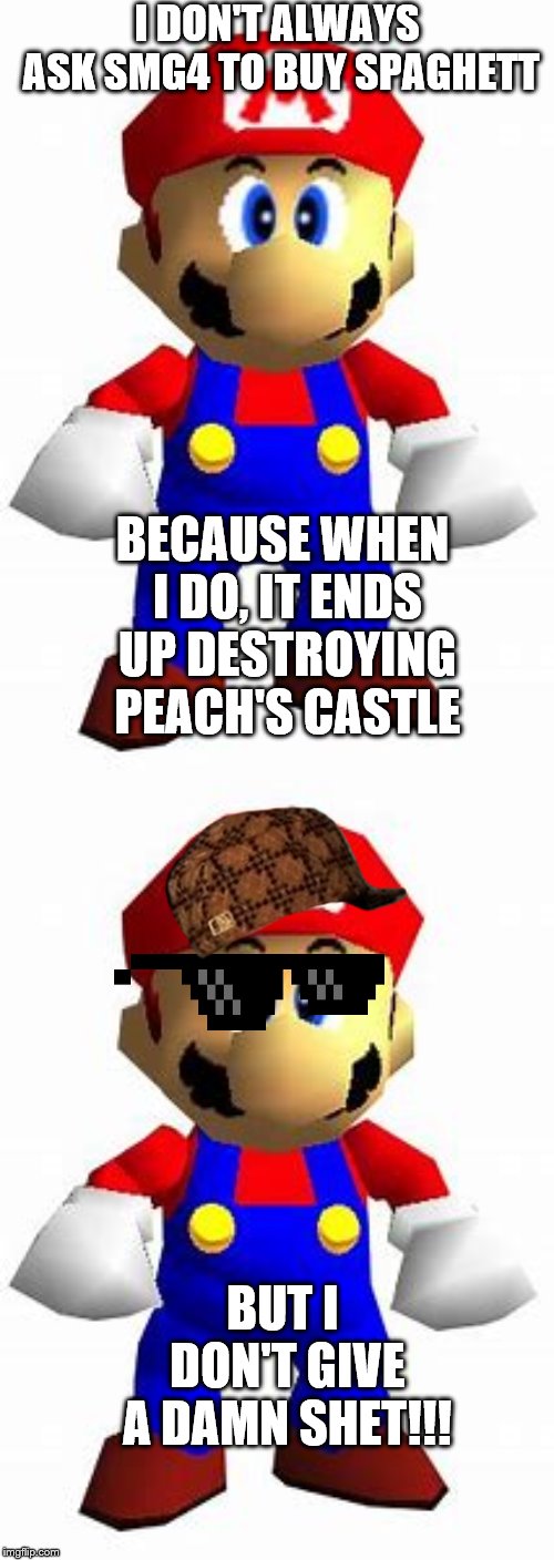 Mario don't give a spagetti's damn | I DON'T ALWAYS ASK SMG4 TO BUY SPAGHETT; BECAUSE WHEN I DO, IT ENDS UP DESTROYING PEACH'S CASTLE; BUT I DON'T GIVE A DAMN SHET!!! | image tagged in smg4,mario,spaghetti,memes,super mario,youtuber | made w/ Imgflip meme maker