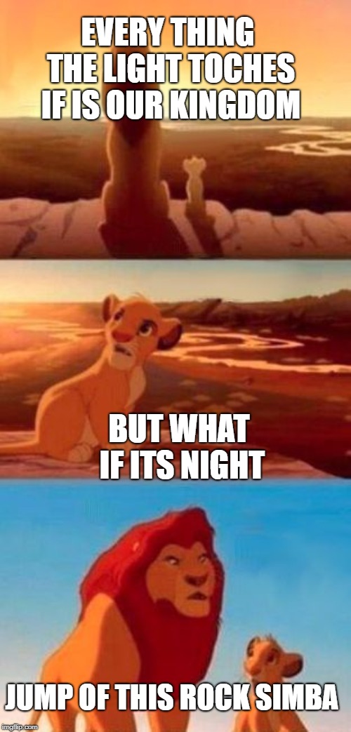 simba | EVERY THING THE LIGHT TOCHES IF IS OUR KINGDOM; BUT WHAT IF ITS NIGHT; JUMP OF THIS ROCK SIMBA | image tagged in simba | made w/ Imgflip meme maker
