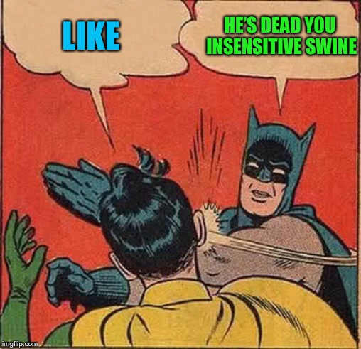 Batman Slapping Robin Meme | LIKE HE’S DEAD YOU INSENSITIVE SWINE | image tagged in memes,batman slapping robin | made w/ Imgflip meme maker
