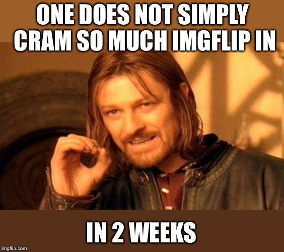 One Does Not Simply Meme | ONE DOES NOT SIMPLY CRAM SO MUCH IMGFLIP IN IN 2 WEEKS | image tagged in memes,one does not simply | made w/ Imgflip meme maker