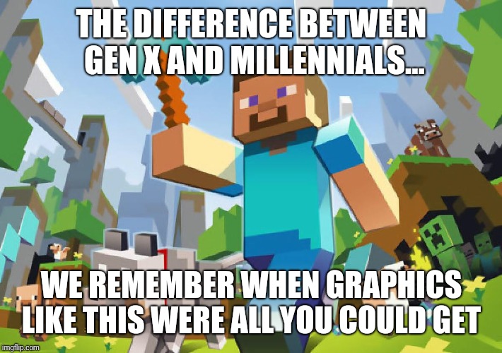 Minecraft  | THE DIFFERENCE BETWEEN GEN X AND MILLENNIALS... WE REMEMBER WHEN GRAPHICS LIKE THIS WERE ALL YOU COULD GET | image tagged in minecraft | made w/ Imgflip meme maker