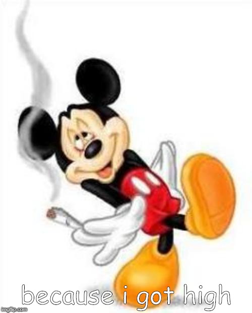 mickey loves weed | because i got high | image tagged in mickey loves weed | made w/ Imgflip meme maker