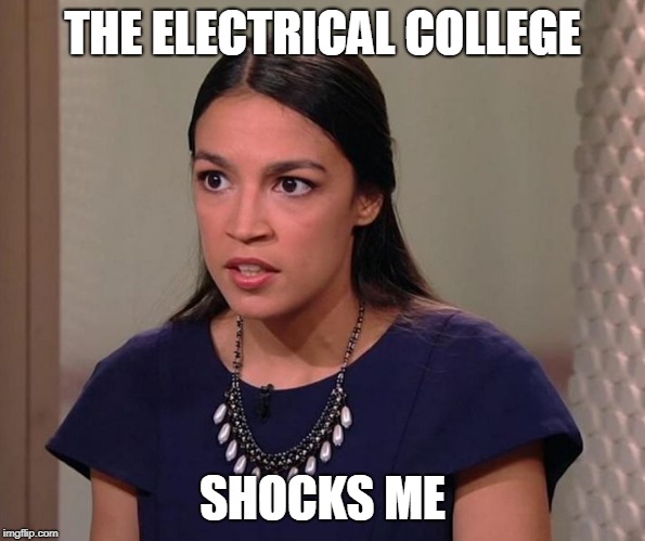 Ocasio-Cortez | THE ELECTRICAL COLLEGE; SHOCKS ME | image tagged in ocasio-cortez | made w/ Imgflip meme maker