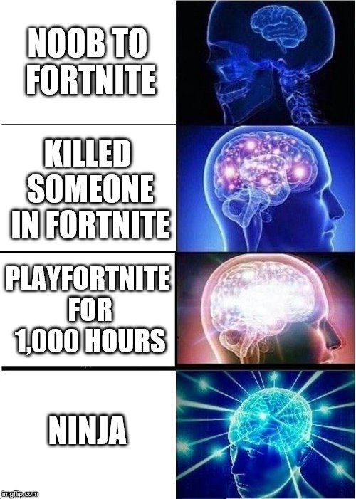 Expanding Brain | NOOB TO FORTNITE; KILLED SOMEONE IN FORTNITE; PLAYFORTNITE FOR 1,000 HOURS; NINJA | image tagged in memes,expanding brain | made w/ Imgflip meme maker