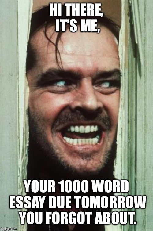 Here's Johnny Meme | HI THERE, IT’S ME, YOUR 1000 WORD ESSAY DUE TOMORROW YOU FORGOT ABOUT. | image tagged in memes,heres johnny | made w/ Imgflip meme maker