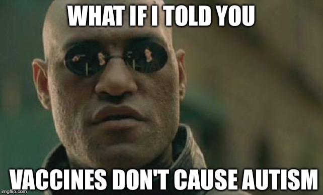 Matrix Morpheus Meme | WHAT IF I TOLD YOU; VACCINES DON'T CAUSE AUTISM | image tagged in memes,matrix morpheus,vaccines,autism | made w/ Imgflip meme maker