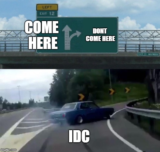 Left Exit 12 Off Ramp | COME HERE; DONT COME HERE; IDC | image tagged in memes,left exit 12 off ramp | made w/ Imgflip meme maker