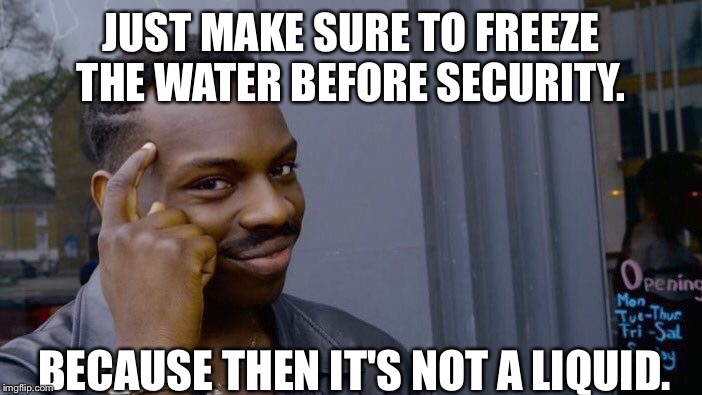 Roll Safe Think About It | JUST MAKE SURE TO FREEZE THE WATER BEFORE SECURITY. BECAUSE THEN IT'S NOT A LIQUID. | image tagged in memes,roll safe think about it,security,water,ice,sneak 100 | made w/ Imgflip meme maker