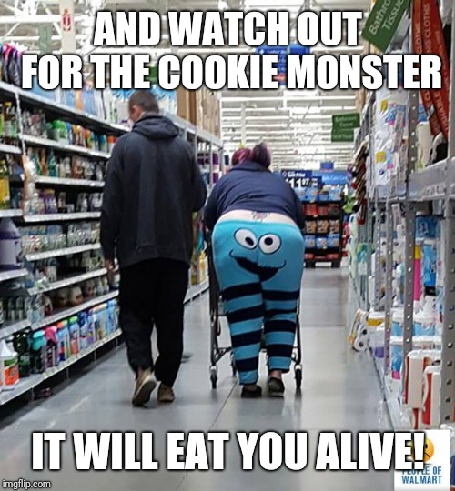 People of Walmart - Cookie Monster | AND WATCH OUT FOR THE COOKIE MONSTER IT WILL EAT YOU ALIVE! | image tagged in people of walmart - cookie monster | made w/ Imgflip meme maker