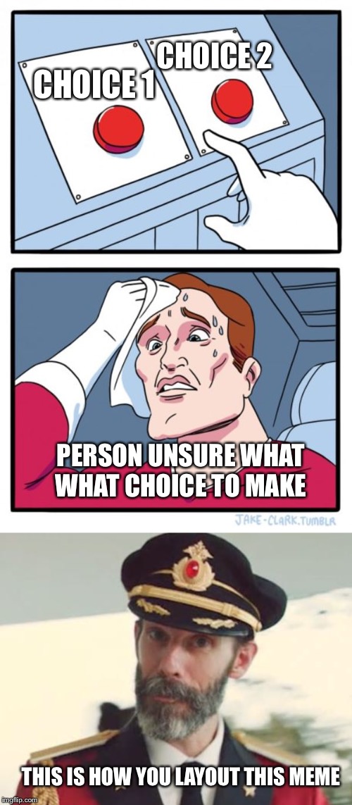 CHOICE 2; CHOICE 1; PERSON UNSURE WHAT WHAT CHOICE TO MAKE; THIS IS HOW YOU LAYOUT THIS MEME | image tagged in captain obvious,memes,two buttons | made w/ Imgflip meme maker