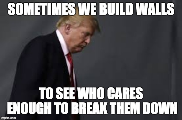 trump sad | SOMETIMES WE BUILD WALLS; TO SEE WHO CARES ENOUGH TO BREAK THEM DOWN | image tagged in trump sad | made w/ Imgflip meme maker