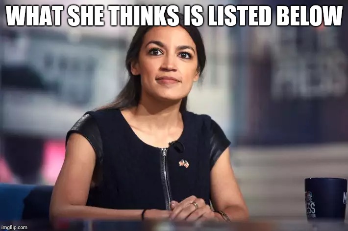 Alexandria Ocasio-Cortez | WHAT SHE THINKS IS LISTED BELOW | image tagged in alexandria ocasio-cortez | made w/ Imgflip meme maker