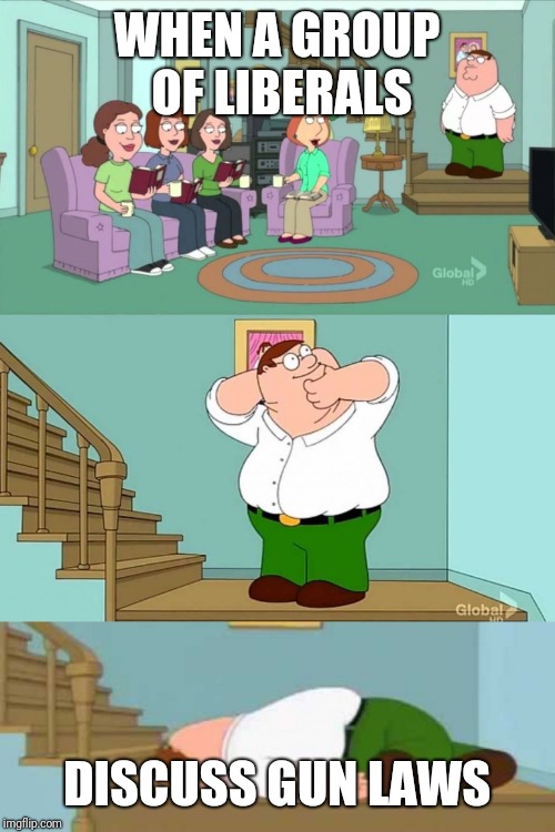 Peter griffin neck snap | WHEN A GROUP OF LIBERALS; DISCUSS GUN LAWS | image tagged in peter griffin neck snap | made w/ Imgflip meme maker