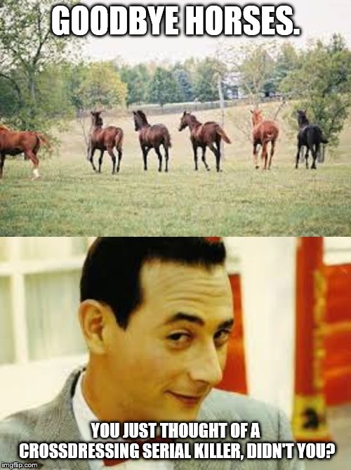 GOODBYE HORSES. YOU JUST THOUGHT OF A CROSSDRESSING SERIAL KILLER, DIDN'T YOU? | image tagged in horses running away,peewee herman | made w/ Imgflip meme maker
