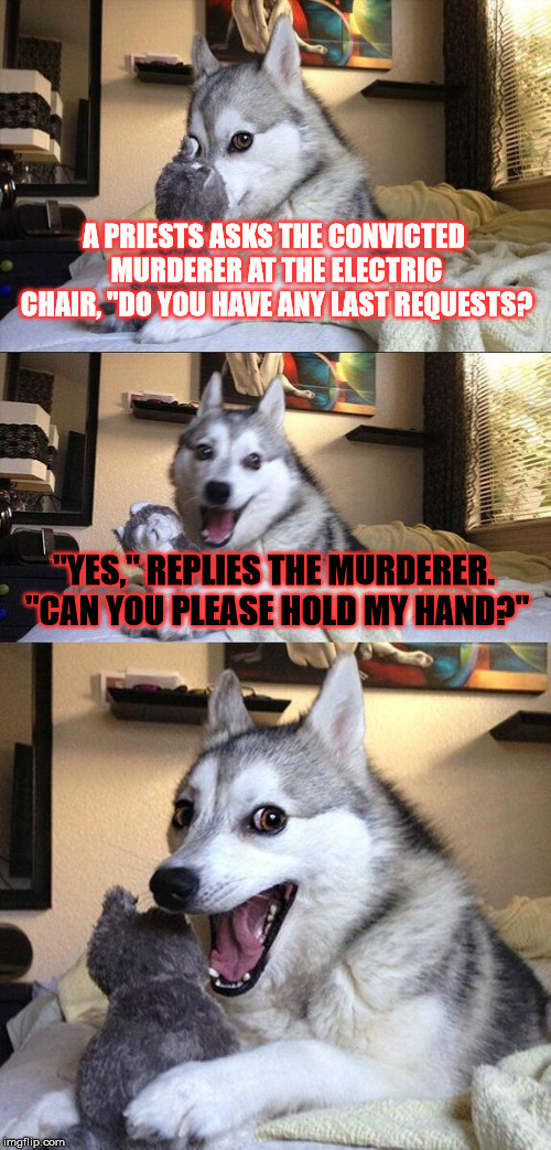 All for comforting who's about to go to the afterlife... | A PRIESTS ASKS THE CONVICTED MURDERER AT THE ELECTRIC CHAIR, "DO YOU HAVE ANY LAST REQUESTS? "YES," REPLIES THE MURDERER. "CAN YOU PLEASE HOLD MY HAND?" | image tagged in memes,bad pun dog,funny,dog,joke,execution | made w/ Imgflip meme maker