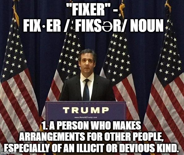 Only criminals need "fixers" | "FIXER" - FIX·ER /ˈFIKSƏR/
NOUN; 1.
A PERSON WHO MAKES ARRANGEMENTS FOR OTHER PEOPLE, ESPECIALLY OF AN ILLICIT OR DEVIOUS KIND. | image tagged in michael cohen,memes,maga,impeach trump,politics | made w/ Imgflip meme maker