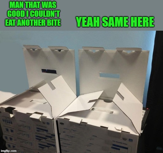 faces everywhere | MAN THAT WAS GOOD I COULDN'T EAT ANOTHER BITE; YEAH SAME HERE | image tagged in boxes,faces,funny,upvote this meme | made w/ Imgflip meme maker