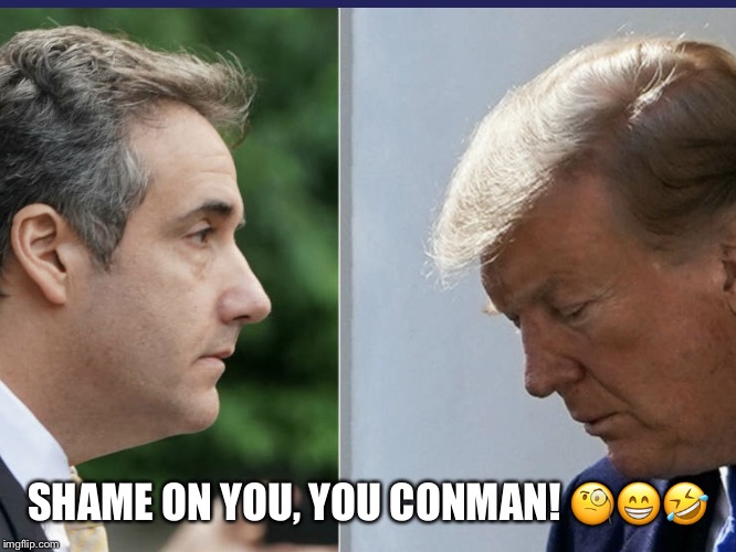 Shame On You, You Conman! | SHAME ON YOU, YOU CONMAN!
🧐😁🤣 | image tagged in donald trump,michael cohen,conman,liar in chief,racist,cheat | made w/ Imgflip meme maker