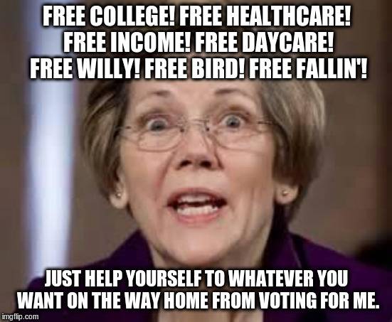 Everything is 100% off! | FREE COLLEGE! FREE HEALTHCARE! FREE INCOME! FREE DAYCARE! FREE WILLY! FREE BIRD! FREE FALLIN'! JUST HELP YOURSELF TO WHATEVER YOU WANT ON THE WAY HOME FROM VOTING FOR ME. | image tagged in full retard senator elizabeth warren | made w/ Imgflip meme maker
