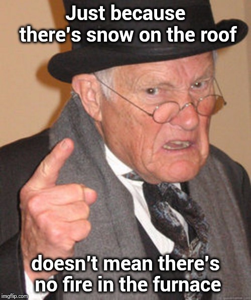 Back in my day | Just because there's snow on the roof doesn't mean there's no fire in the furnace | image tagged in back in my day | made w/ Imgflip meme maker
