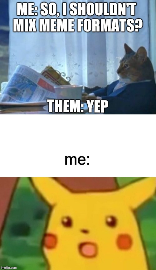 ME: SO, I SHOULDN'T MIX MEME FORMATS? THEM: YEP; me: | image tagged in memes,i should buy a boat cat,surprised pikachu | made w/ Imgflip meme maker