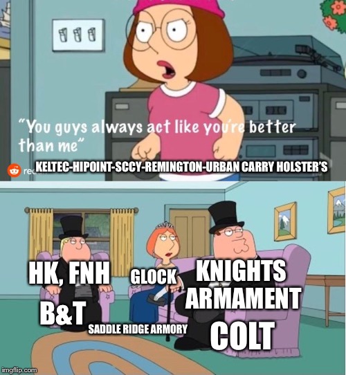 You Guys always act like you're better than me | KNIGHTS ARMAMENT; KELTEC-HIPOINT-SCCY-REMINGTON-URBAN CARRY HOLSTER’S; GLOCK; HK, FNH; B&T; COLT; SADDLE RIDGE ARMORY | image tagged in you guys always act like you're better than me | made w/ Imgflip meme maker