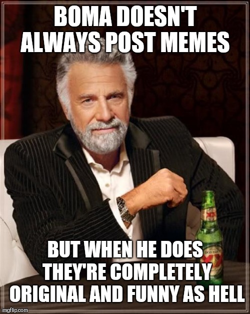 The Most Interesting Man In The World Meme | BOMA DOESN'T ALWAYS POST MEMES BUT WHEN HE DOES THEY'RE COMPLETELY ORIGINAL AND FUNNY AS HELL | image tagged in memes,the most interesting man in the world | made w/ Imgflip meme maker