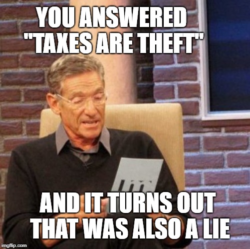 Maury Lie Detector | YOU ANSWERED "TAXES ARE THEFT"; AND IT TURNS OUT THAT WAS ALSO A LIE | image tagged in memes,maury lie detector | made w/ Imgflip meme maker