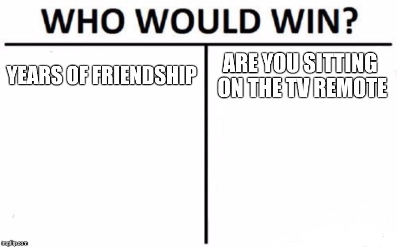 Who Would Win? | YEARS OF FRIENDSHIP; ARE YOU SITTING ON THE TV REMOTE | image tagged in memes,who would win | made w/ Imgflip meme maker