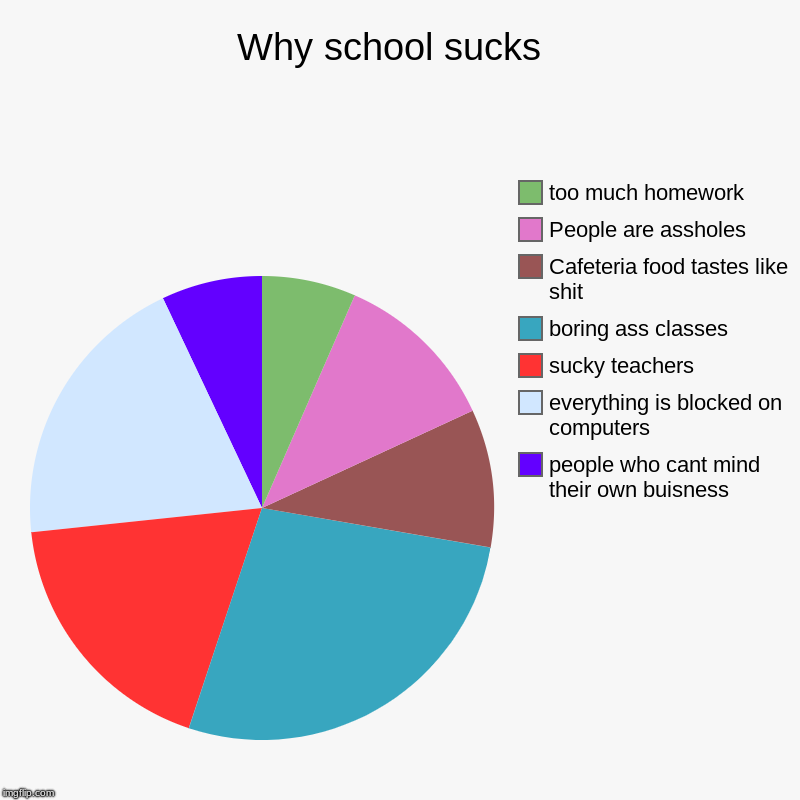 Why school sucks  | people who cant mind their own buisness, everything is blocked on computers, sucky teachers, boring ass classes, Cafeter | image tagged in charts,pie charts | made w/ Imgflip chart maker