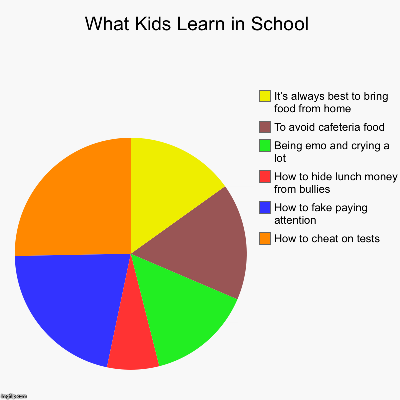 What Kids Learn in School | How to cheat on tests, How to fake paying attention, How to hide lunch money from bullies , Being emo and crying | image tagged in charts,pie charts | made w/ Imgflip chart maker