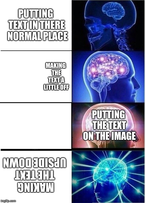 Expanding Brain | PUTTING TEXT IN THERE  NORMAL PLACE; MAKING THE TEXT A LITTLE OFF; PUTTING THE TEXT ON THE IMAGE; MAKING THE TEXT UPSIDE DOWN | image tagged in memes,expanding brain | made w/ Imgflip meme maker