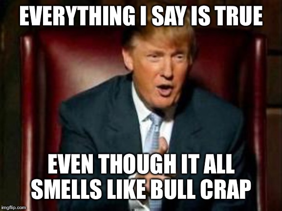 Donald Trump | EVERYTHING I SAY IS TRUE EVEN THOUGH IT ALL SMELLS LIKE BULL CRAP | image tagged in donald trump | made w/ Imgflip meme maker