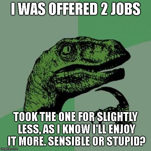 Philosoraptor | I WAS OFFERED 2 JOBS; TOOK THE ONE FOR SLIGHTLY LESS, AS I KNOW I'LL ENJOY IT MORE. SENSIBLE OR STUPID? | image tagged in memes,philosoraptor | made w/ Imgflip meme maker
