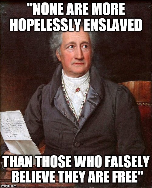 Goethe  | "NONE ARE MORE HOPELESSLY ENSLAVED; THAN THOSE WHO FALSELY BELIEVE THEY ARE FREE" | image tagged in goethe | made w/ Imgflip meme maker