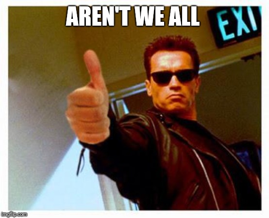 terminator thumbs up | AREN'T WE ALL | image tagged in terminator thumbs up | made w/ Imgflip meme maker