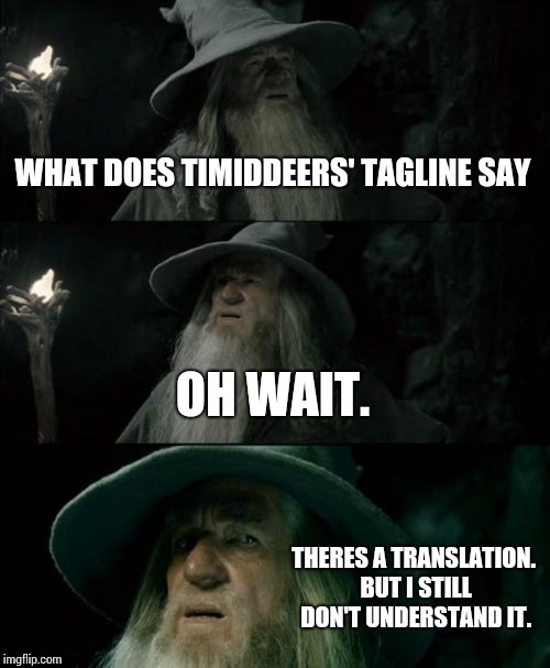 Ummmmmm..... | WHAT DOES TIMIDDEERS' TAGLINE SAY; OH WAIT. THERES A TRANSLATION. BUT I STILL DON'T UNDERSTAND IT. | image tagged in memes,confused gandalf,timiddeer,taglines | made w/ Imgflip meme maker