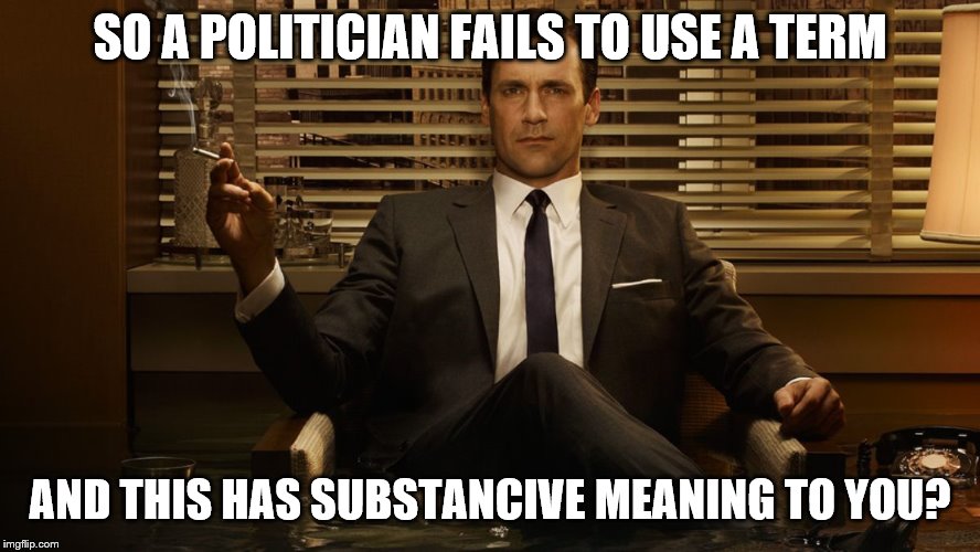 MadMen | SO A POLITICIAN FAILS TO USE A TERM AND THIS HAS SUBSTANCIVE MEANING TO YOU? | image tagged in madmen | made w/ Imgflip meme maker