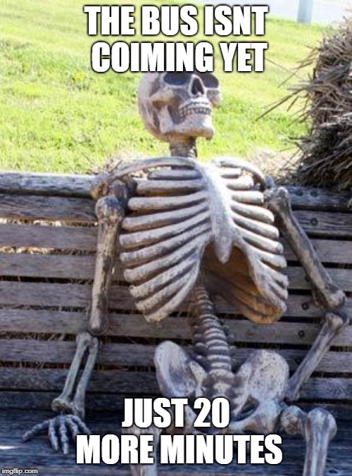 Waiting Skeleton Meme | THE BUS ISNT COIMING YET; JUST 20 MORE MINUTES | image tagged in memes,waiting skeleton | made w/ Imgflip meme maker