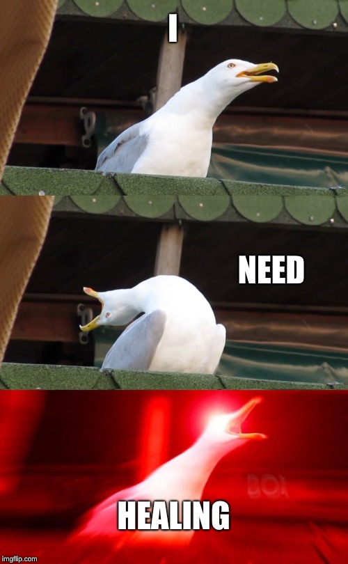 Inhaling seagull | I; NEED; HEALING | image tagged in inhaling seagull | made w/ Imgflip meme maker