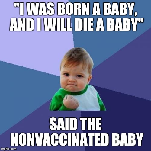 I know babies can't talk but still... xD | "I WAS BORN A BABY, AND I WILL DIE A BABY"; SAID THE NONVACCINATED BABY | image tagged in memes,success kid | made w/ Imgflip meme maker