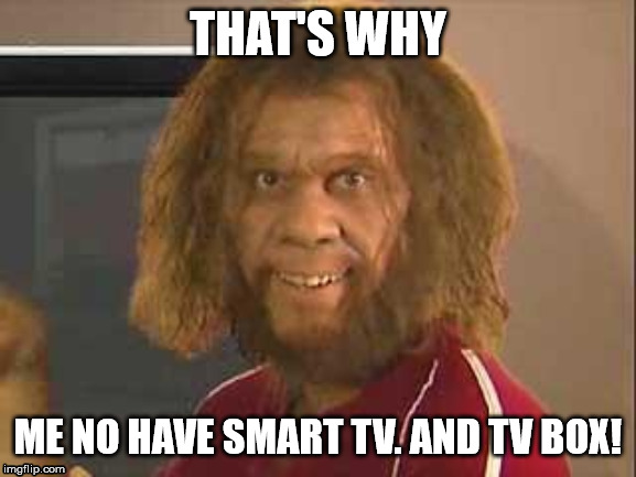 caveman | THAT'S WHY ME NO HAVE SMART TV. AND TV BOX! | image tagged in caveman | made w/ Imgflip meme maker
