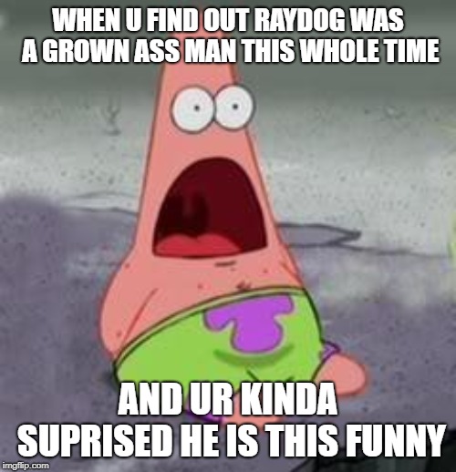 Suprised Patrick |  WHEN U FIND OUT RAYDOG WAS A GROWN ASS MAN THIS WHOLE TIME; AND UR KINDA SUPRISED HE IS THIS FUNNY | image tagged in suprised patrick | made w/ Imgflip meme maker