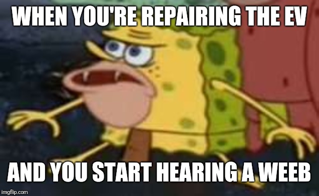 Spongegar Meme | WHEN YOU'RE REPAIRING THE EV; AND YOU START HEARING A WEEB | image tagged in memes,spongegar | made w/ Imgflip meme maker