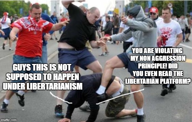 Beating up | YOU ARE VIOLATING MY NON AGGRESSION PRINCIPLE! DID YOU EVEN READ THE LIBERTARIAN PLATFORM? GUYS THIS IS NOT SUPPOSED TO HAPPEN UNDER LIBERTARIANISM | image tagged in beating up | made w/ Imgflip meme maker